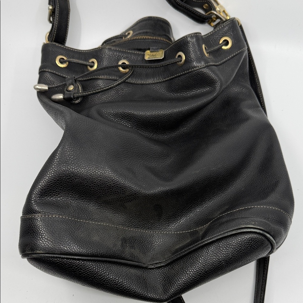 RECO’s Black Pebbled Leather Drawstring Shoulder Bag with Gold Hardware